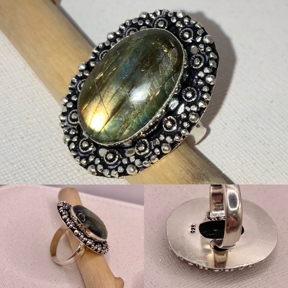 Flashy Natural Labradorite Gemstone Handmade Halo Ring - Picture 5 of 7